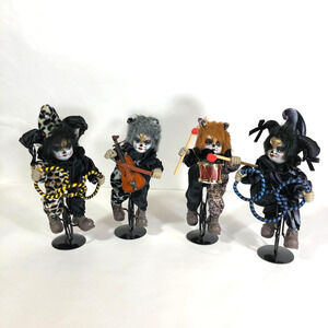 Vtg Cat Jester Circus Clown Porcelain Artist Doll Unicycle Music Mardi Set 4
